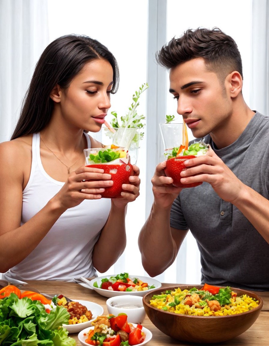 Young Couple Dining with Healthy Meals and Drinks
