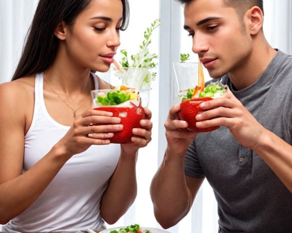 Young Couple Dining with Healthy Meals and Drinks