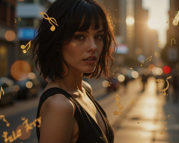 Woman with Bob Haircut in Sunlit City Scene