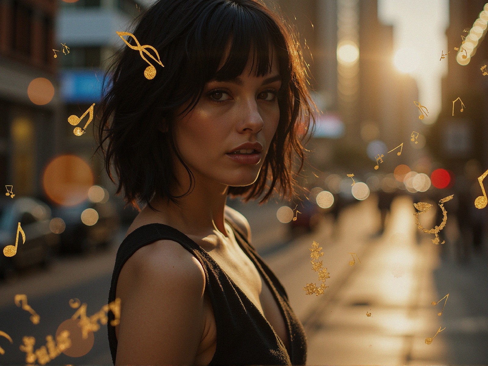 Woman with Bob Haircut in Sunlit City Scene