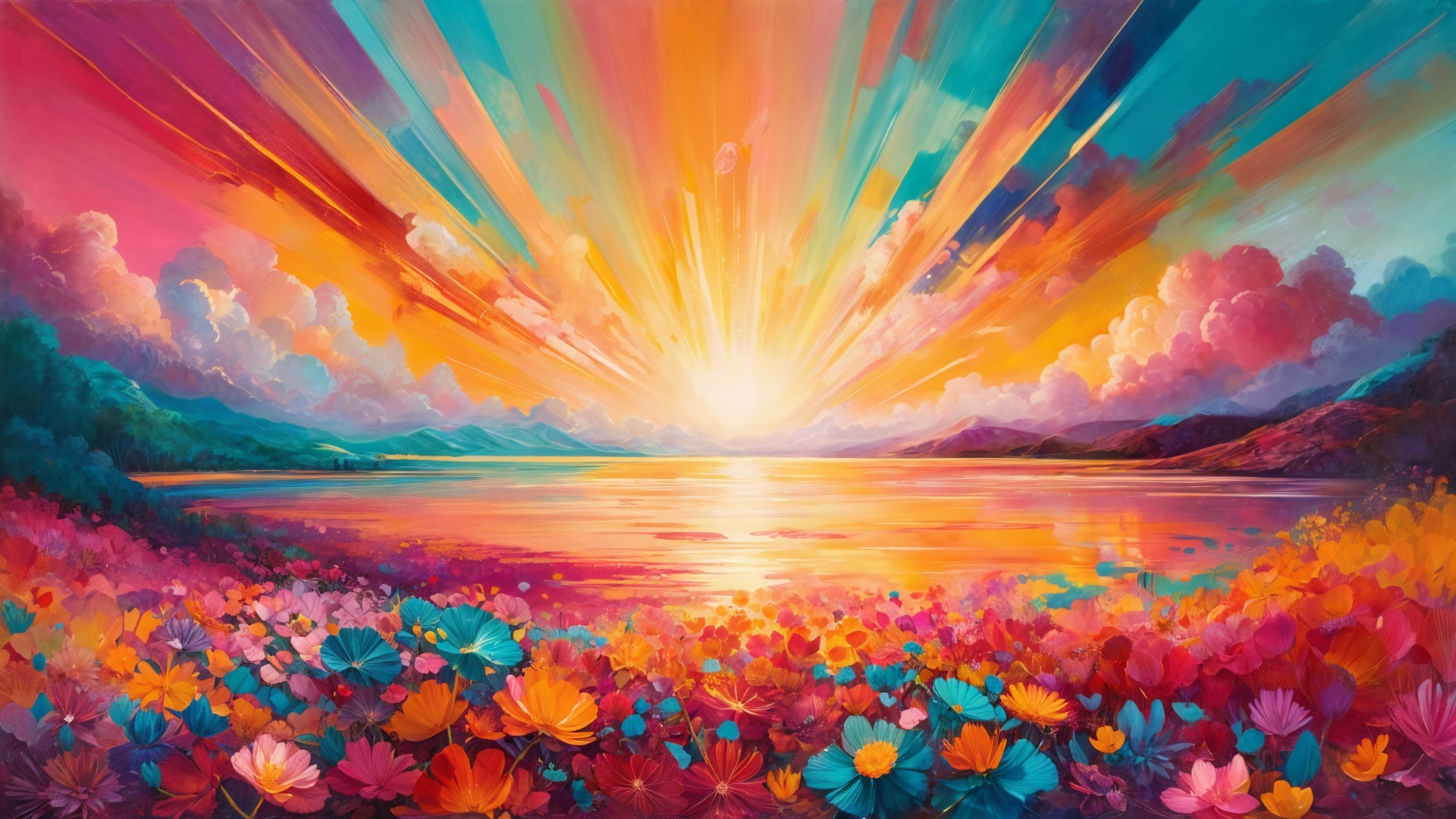 Vibrant Sunrise Landscape with Colorful Flowers and Water
