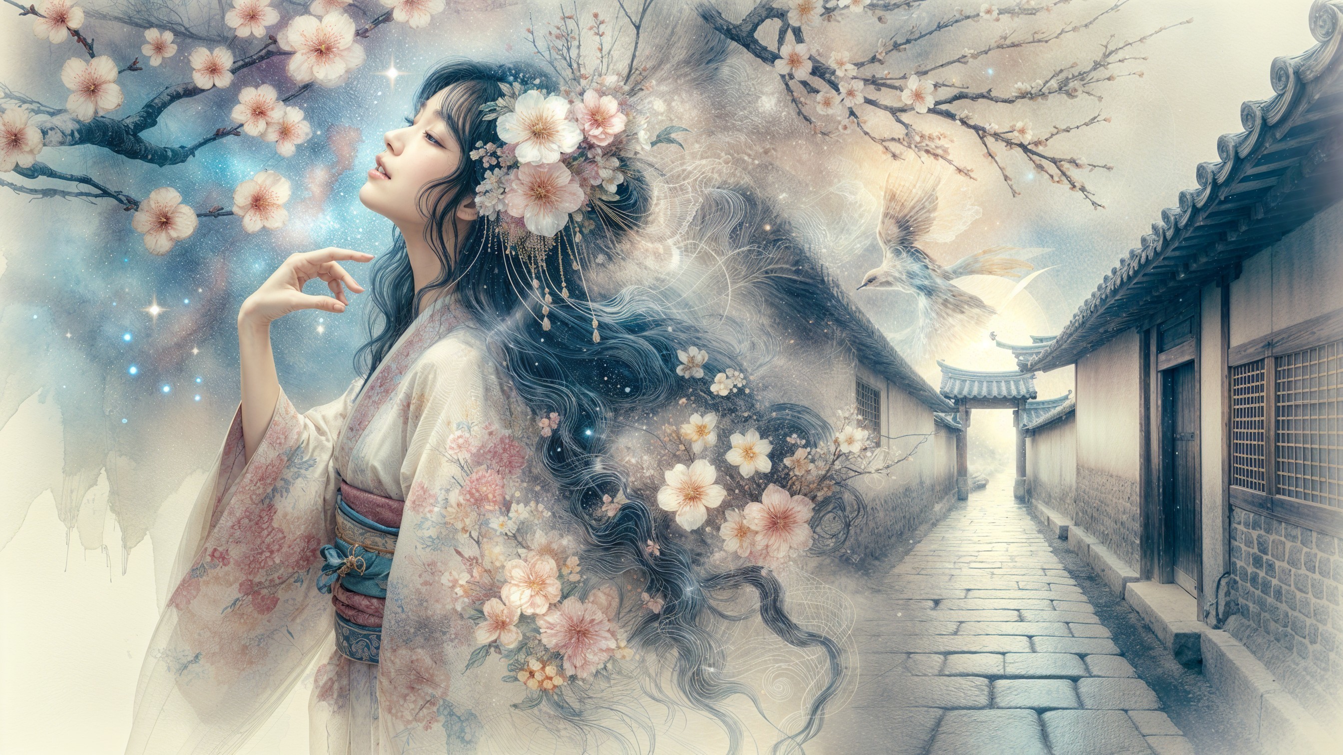 Young Woman in Traditional Attire Among Cherry Blossoms