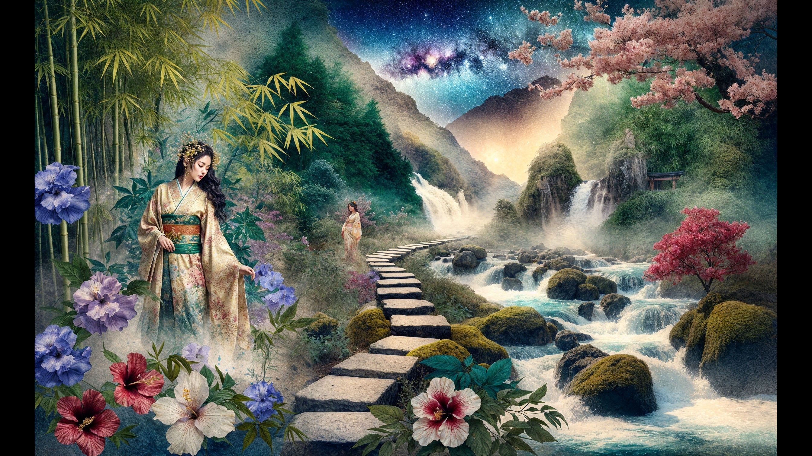 Serene Landscape with Women in Lush Nature Setting