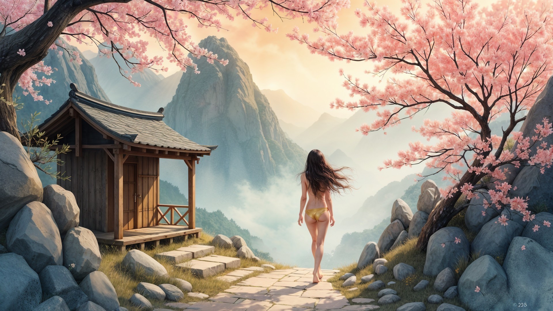 Serene Landscape with Cherry Blossoms and Mountains