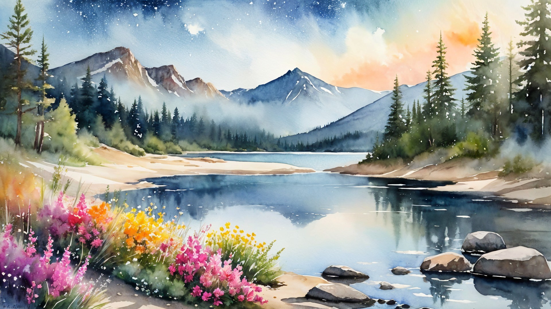 Serene Mountain Landscape with Reflective Lake and Flora