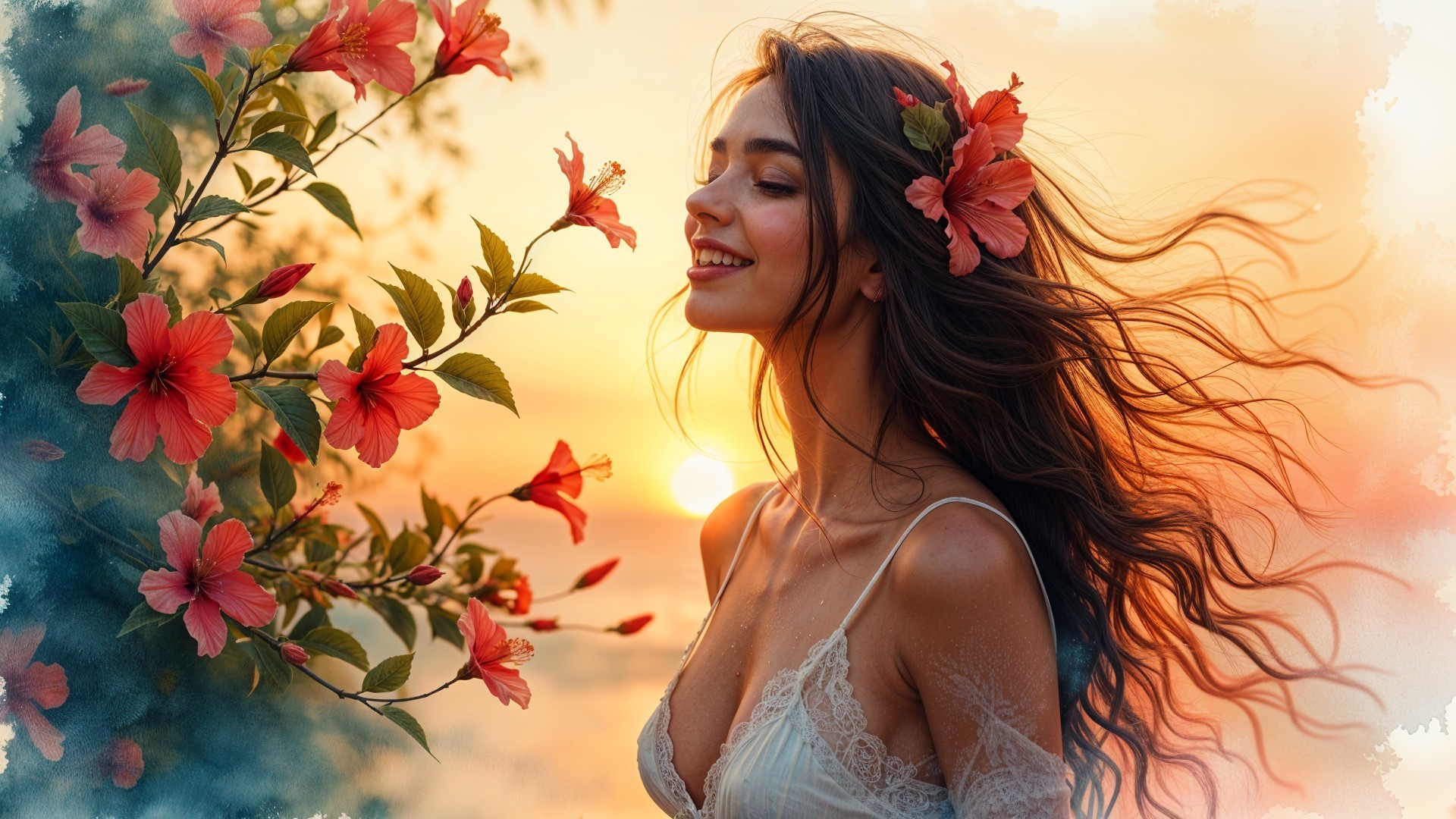 Young woman by hibiscus flowers at sunset