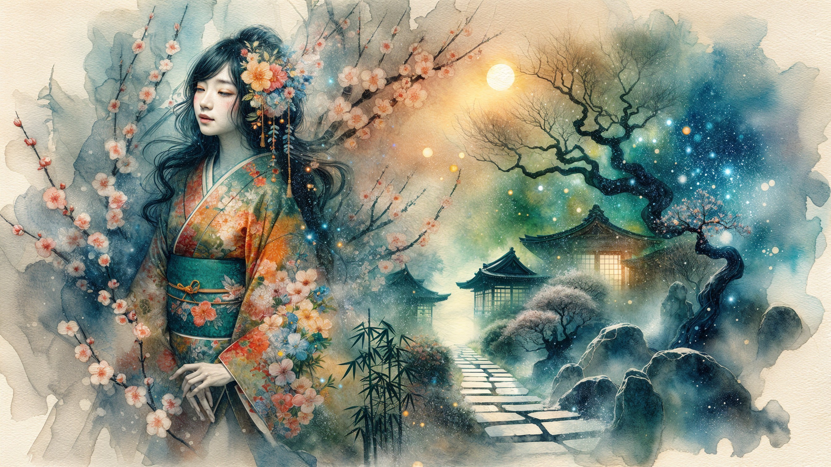 Young Woman in Kimono Amidst Cherry Blossoms at Night
