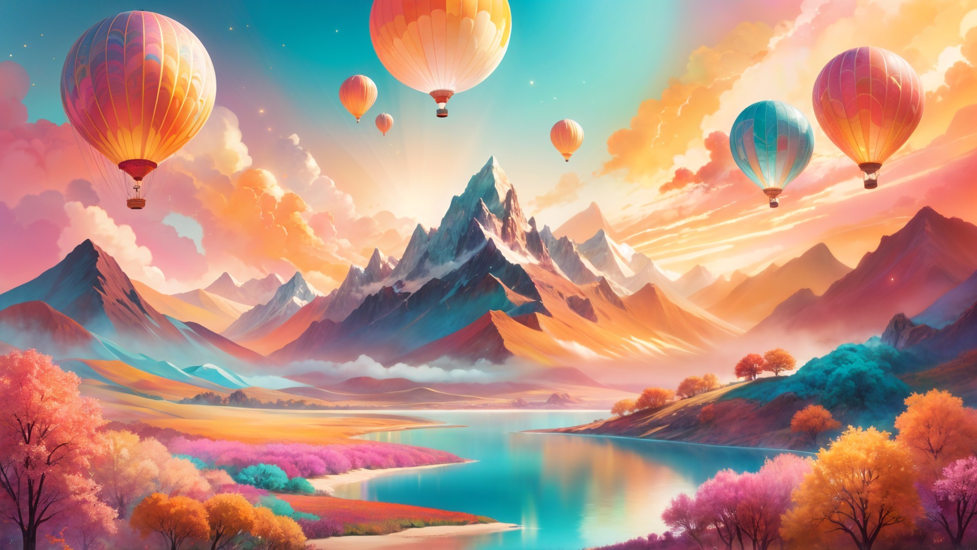 Vibrant Landscape with Mountains and Hot Air Balloons