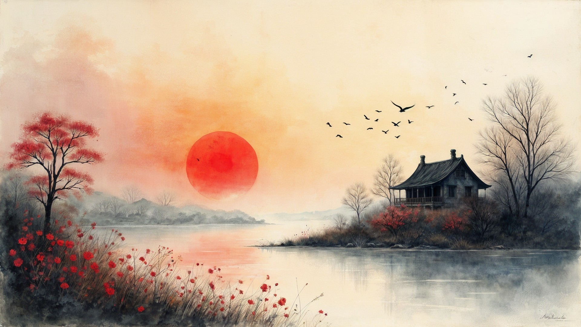 Tranquil River Landscape at Sunset with Flowers and House