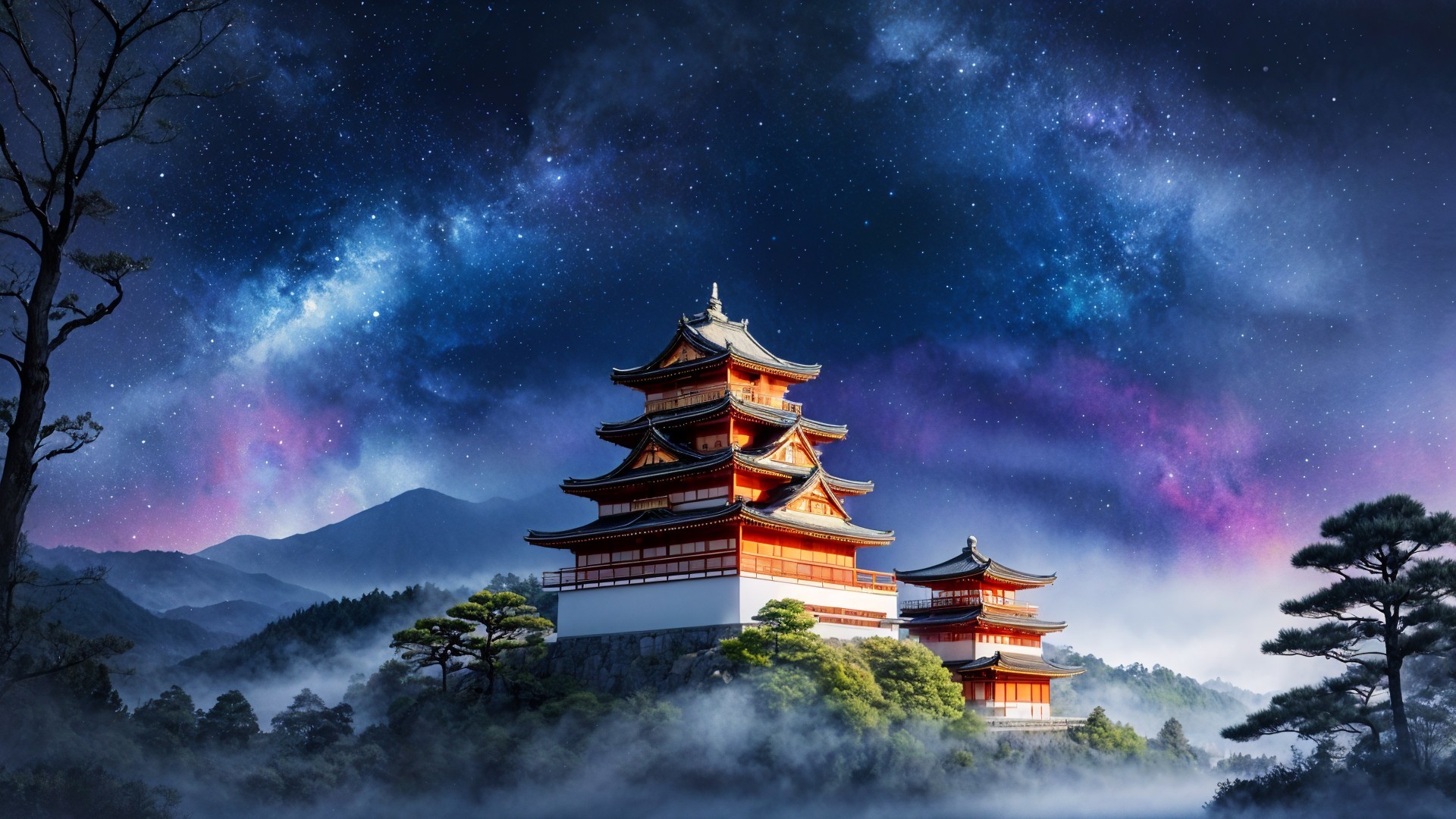 Asian-inspired pagoda in a starry night landscape