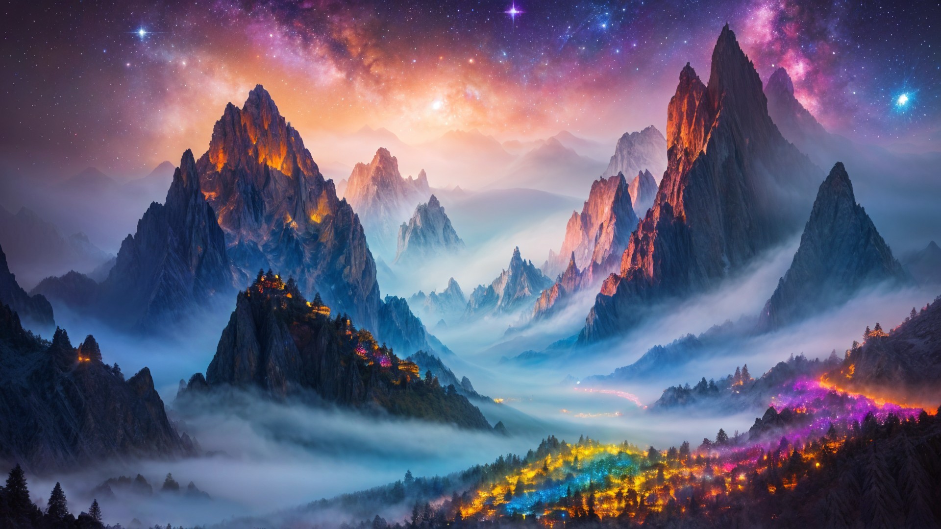 Majestic Mountains Under Starry Sky with Vibrant Colors
