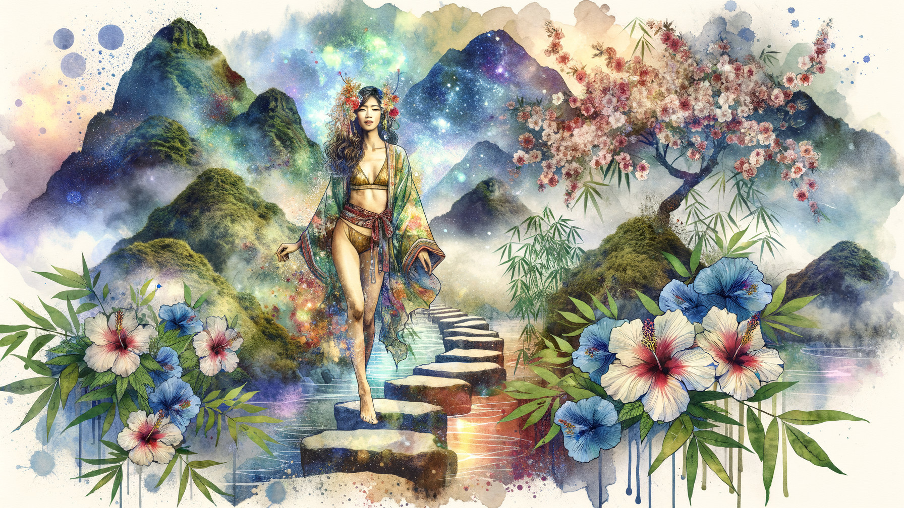 Mystical Woman Walking on Stepping Stones in Nature
