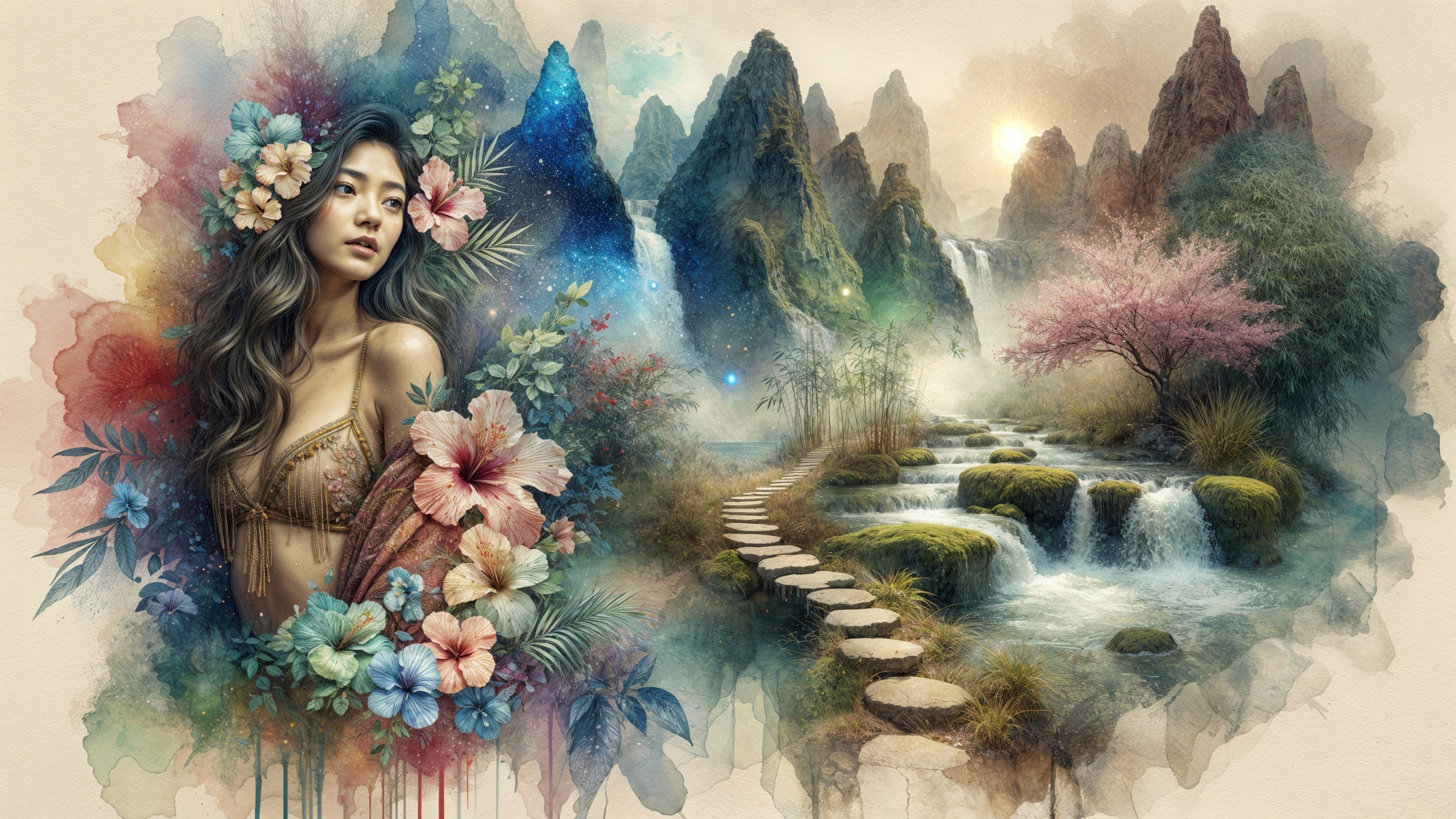 Serene Landscape with Woman and Floral Elements