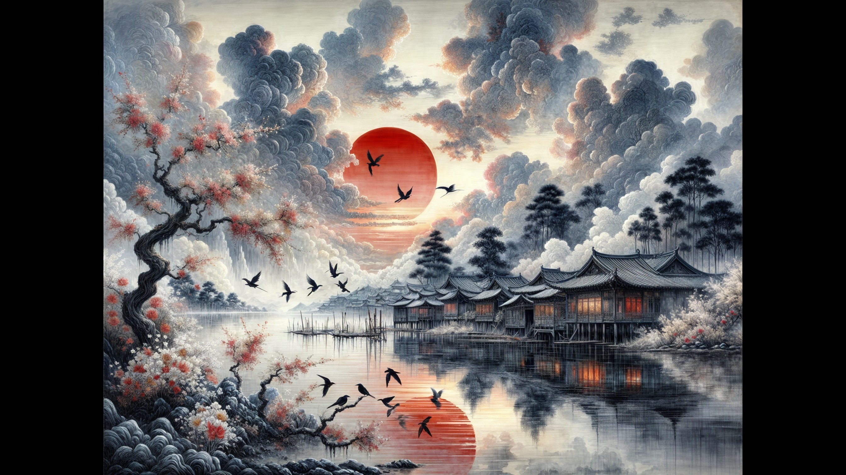 Serene Asian Landscape with Blossoming Tree and River
