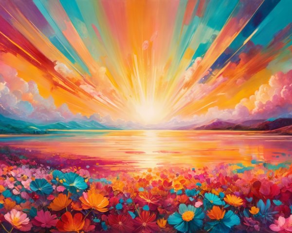 Vibrant Sunrise Landscape with Colorful Flowers and Water