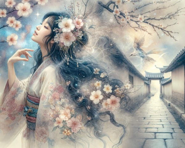Young Woman in Traditional Attire Among Cherry Blossoms