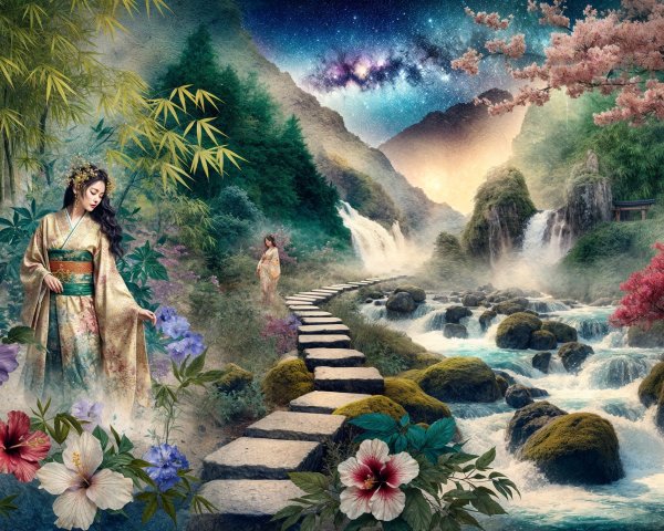 Serene Landscape with Women in Lush Nature Setting