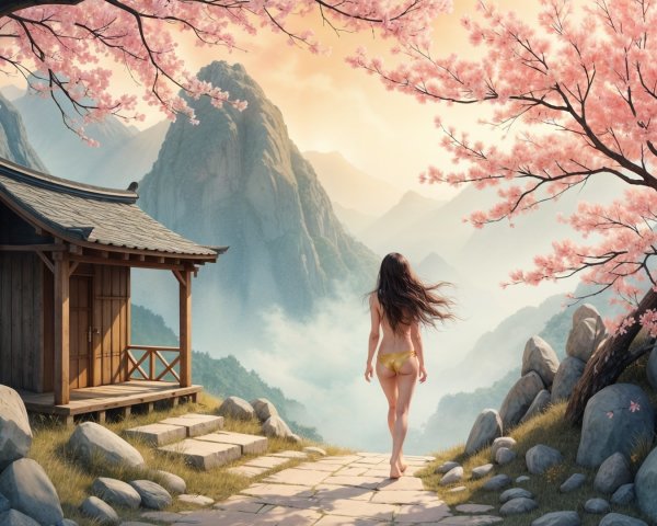 Serene Landscape with Cherry Blossoms and Mountains