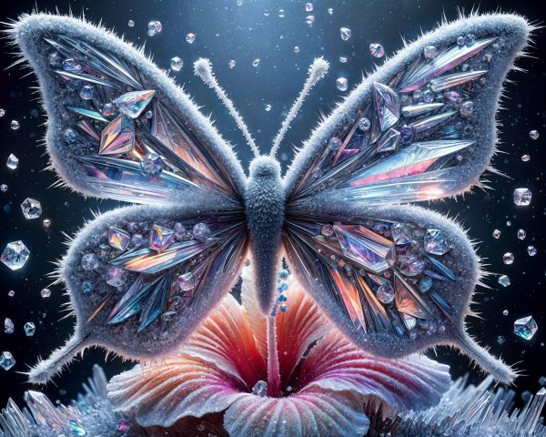 Iridescent Butterfly on a Vibrant Flower with Crystals