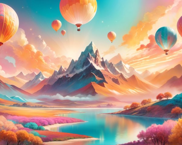 Vibrant Landscape with Mountains and Hot Air Balloons