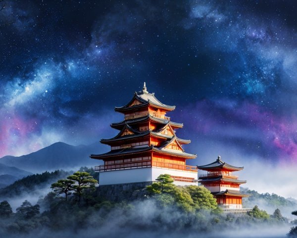 Asian-inspired pagoda in a starry night landscape