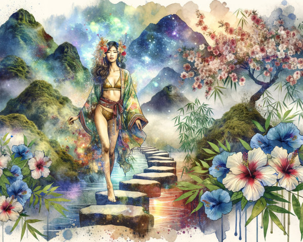 Mystical Woman Walking on Stepping Stones in Nature