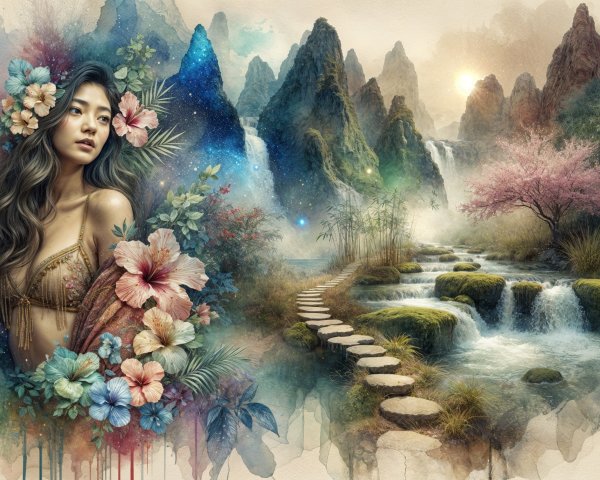 Serene Landscape with Woman and Floral Elements