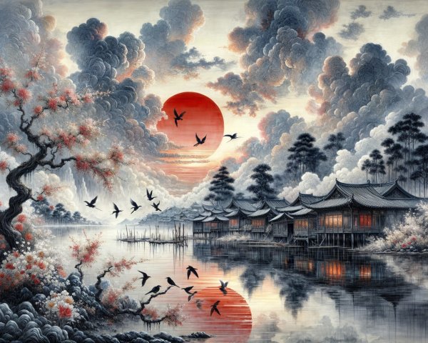 Serene Asian Landscape with Blossoming Tree and River