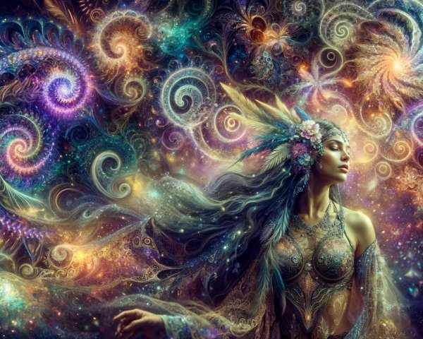 Mystical Figure in Vibrant Cosmic Landscape