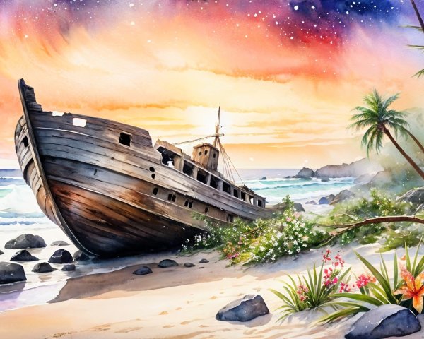 Watercolor Shipwreck on Sandy Beach at Sunset