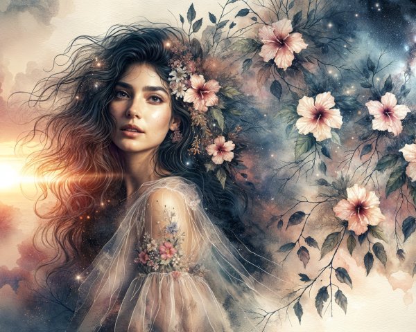 Dreamy Portrait of a Woman with Floral Hair and Sunset