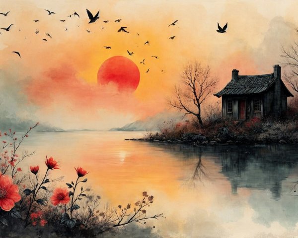 Tranquil Lake and Sunset in Serene Landscape