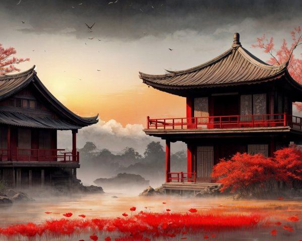 Traditional Asian Pagodas by Serene Lake at Dusk
