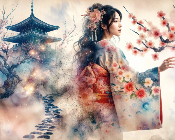 Traditional Japanese Scene with Cherry Blossoms and Pagoda