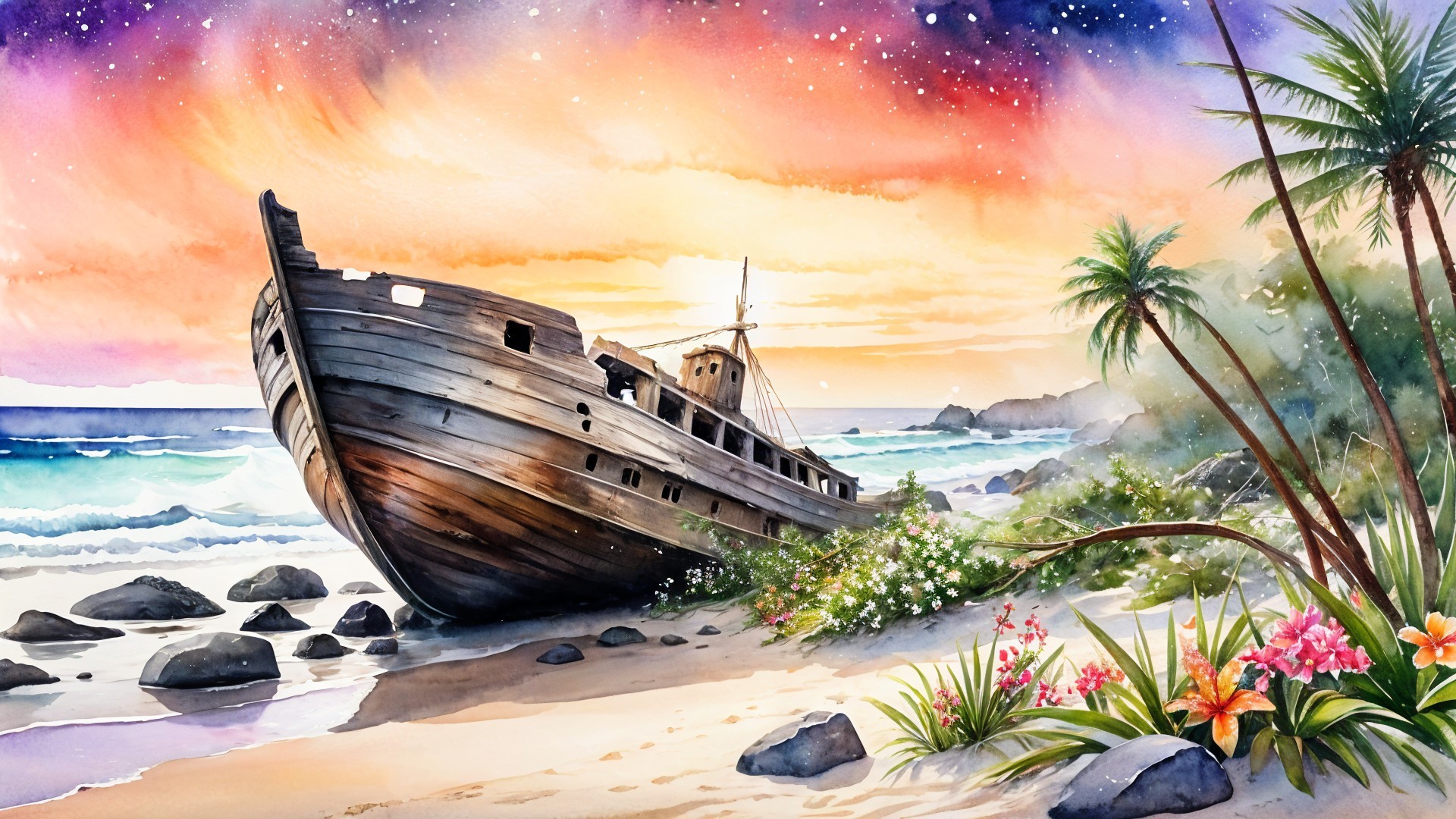 Watercolor Shipwreck on Sandy Beach at Sunset