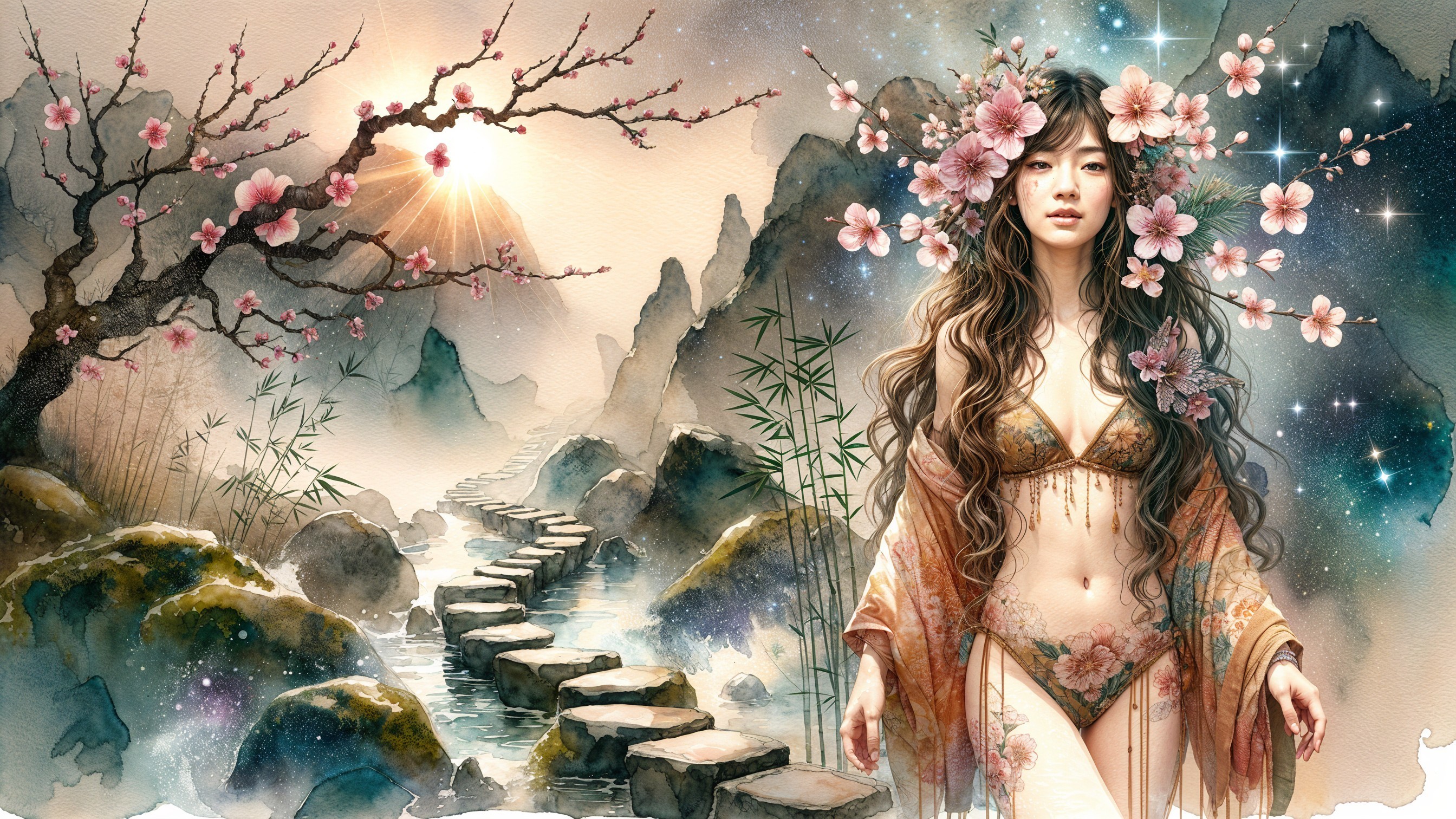 Serene Landscape with Flowing Water and Cherry Blossoms