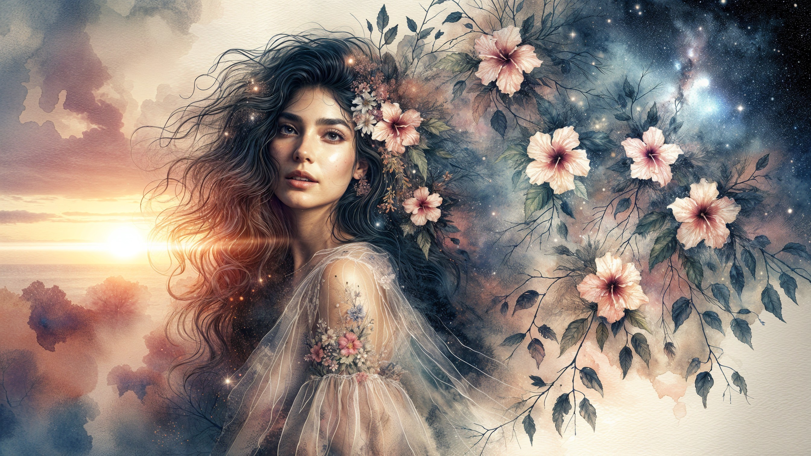 Dreamy Portrait of a Woman with Floral Hair and Sunset
