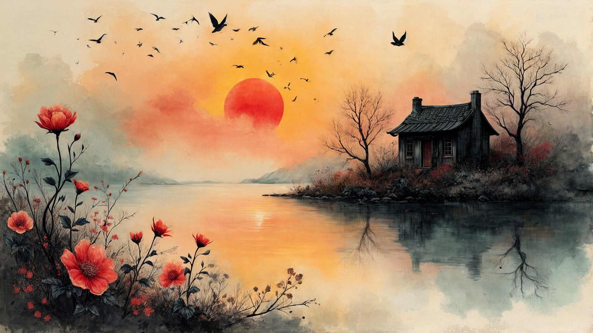 Tranquil Lake and Sunset in Serene Landscape