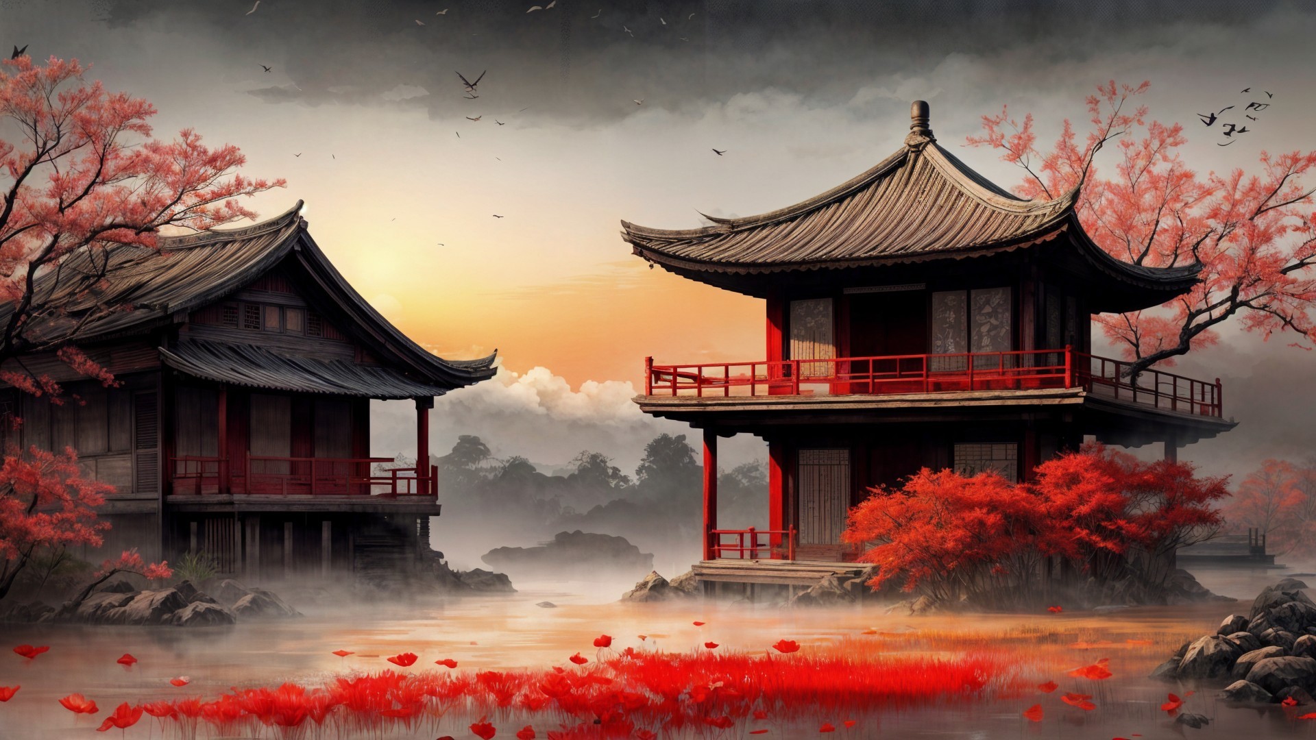 Traditional Asian Pagodas by Serene Lake at Dusk