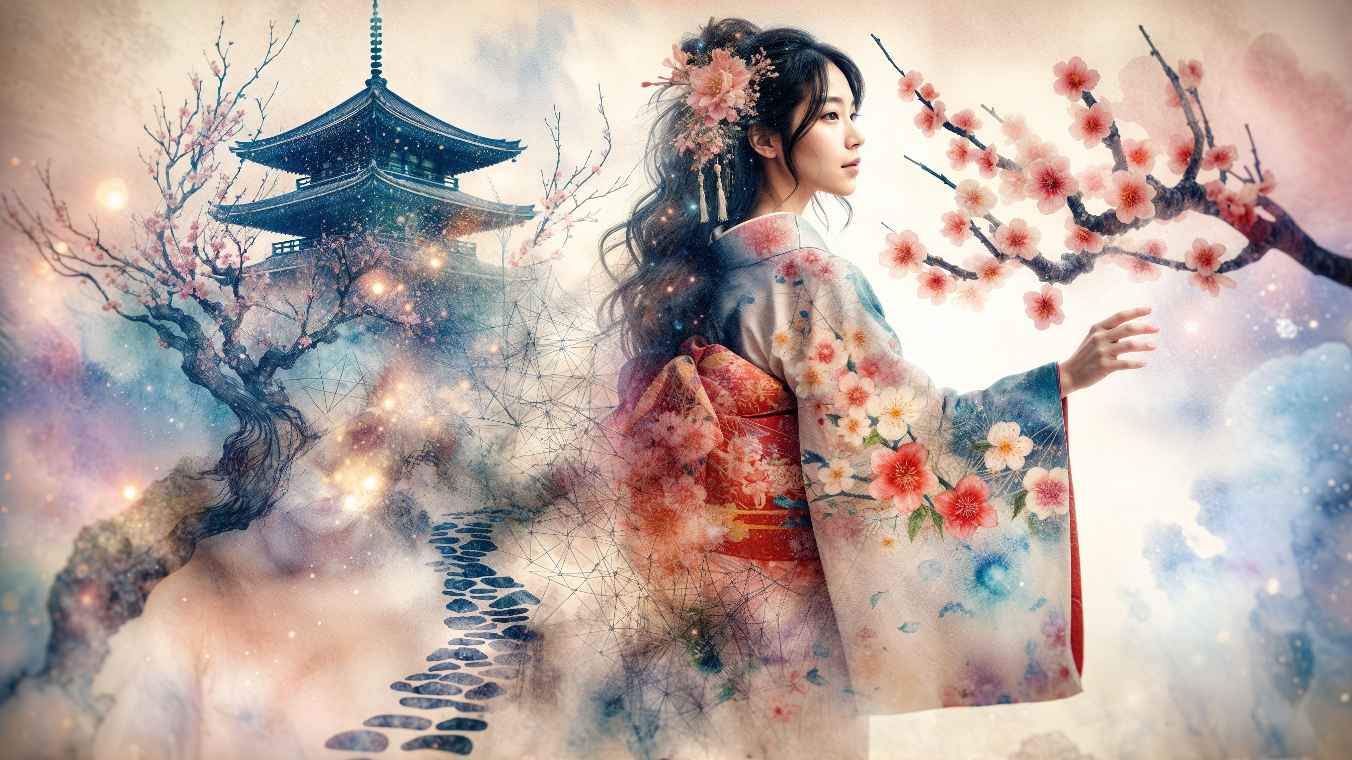 Traditional Japanese Scene with Cherry Blossoms and Pagoda