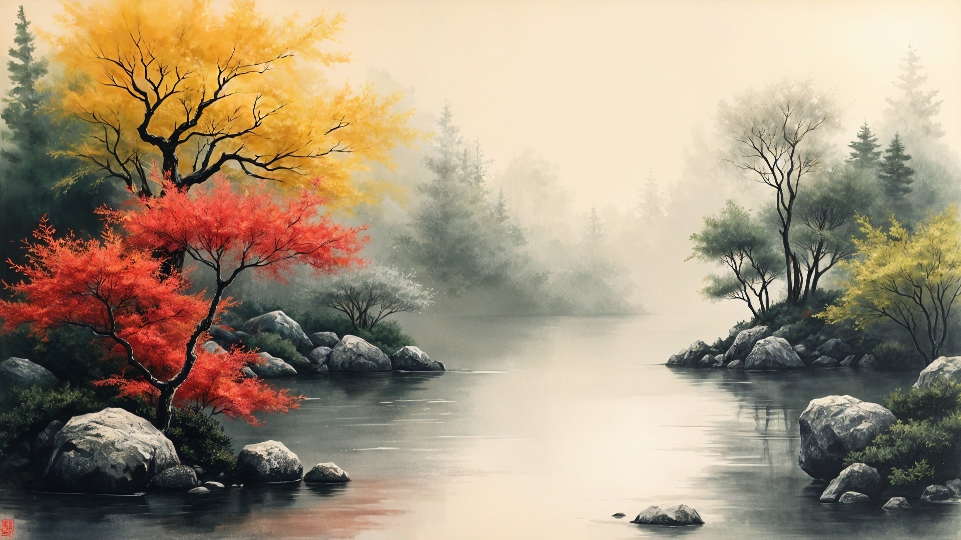 Tranquil Landscape with Water and Autumn Foliage