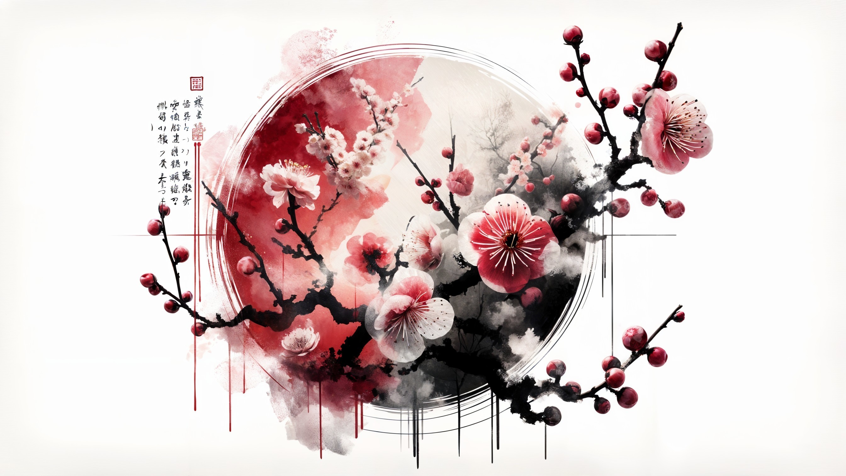 Cherry Blossoms with Dark Branches and Calligraphy