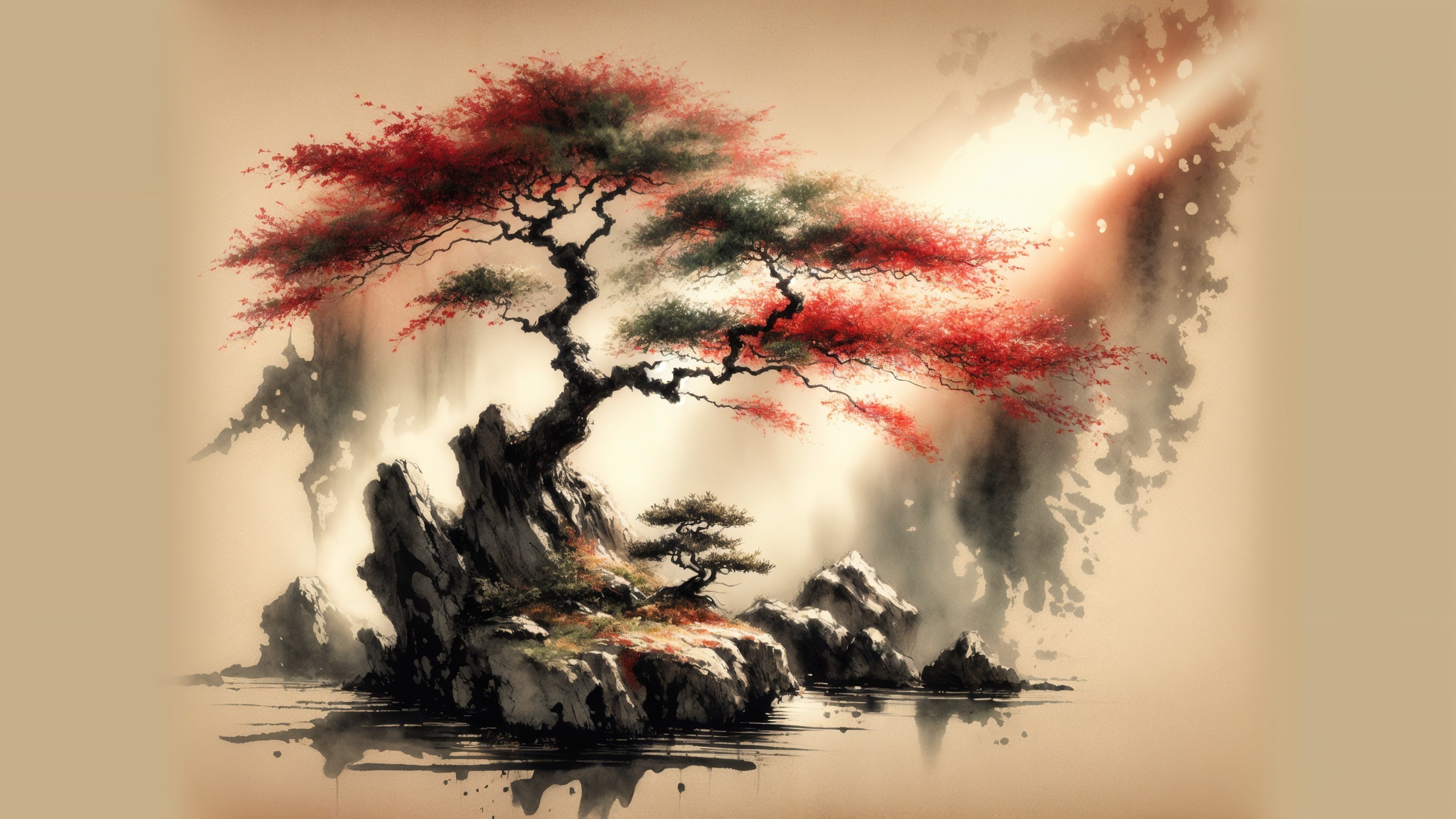 Bonsai Tree Illustration with Red Leaves and Rocks