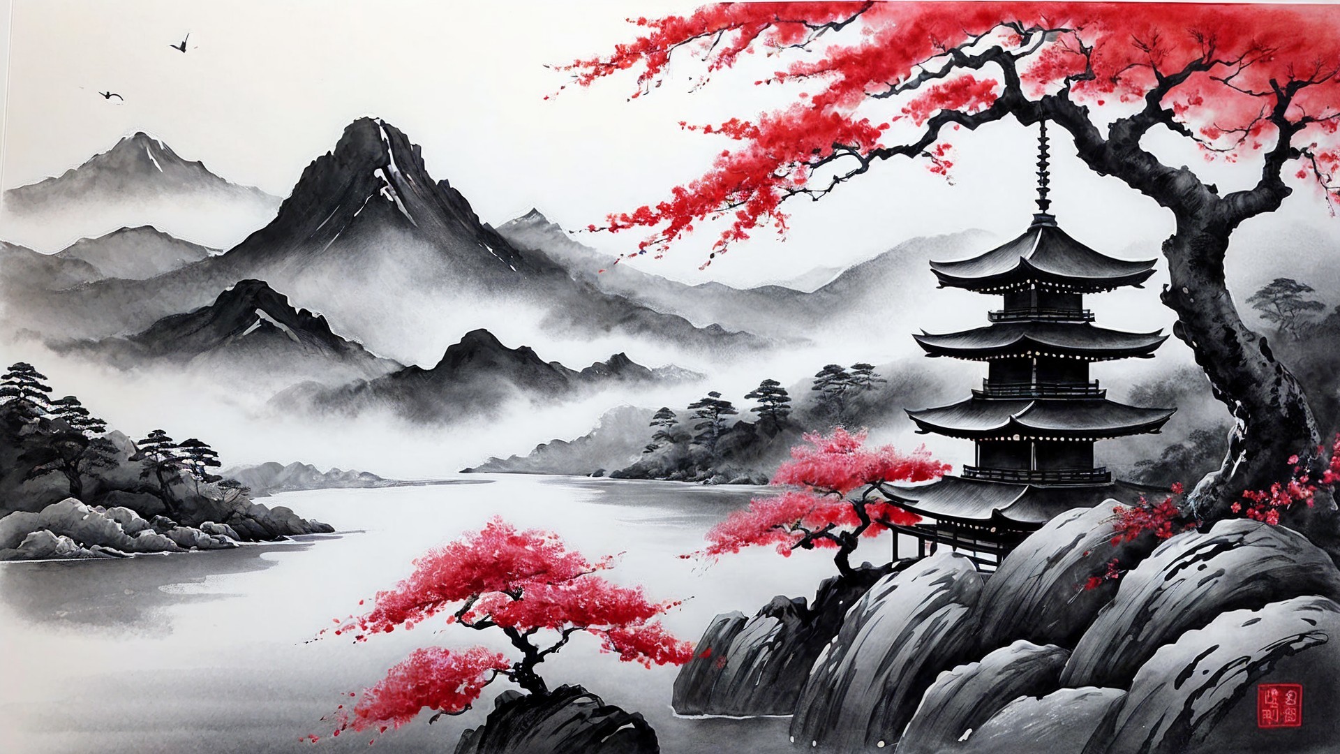 Serene Landscape with Pagoda and Red Maple Trees