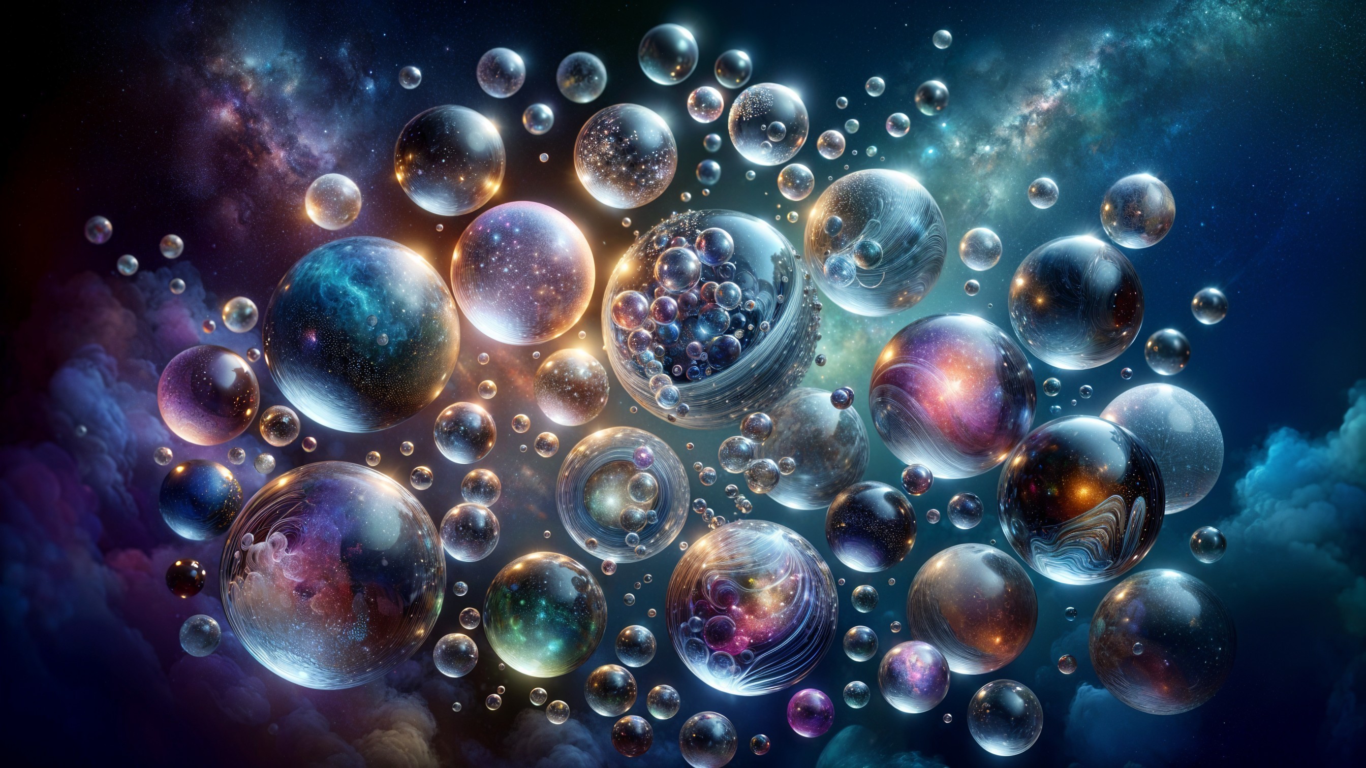 Colorful Cosmic Scene with Bubbles and Galaxies