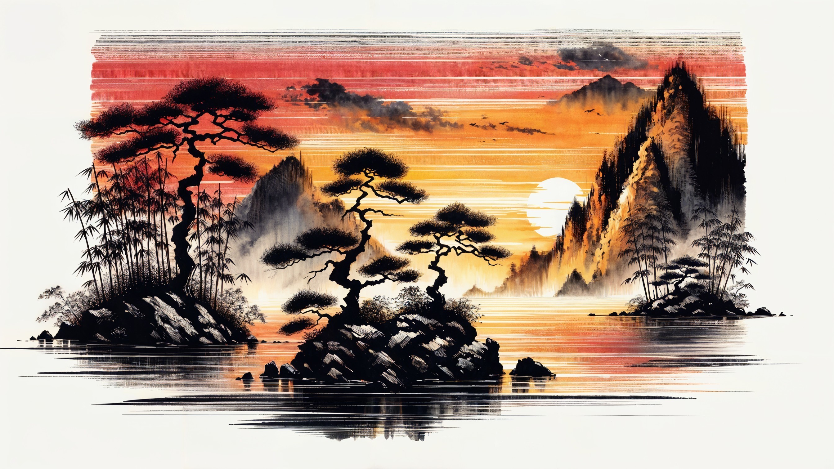 Serene Landscape with Twisted Trees and Sunset Reflections