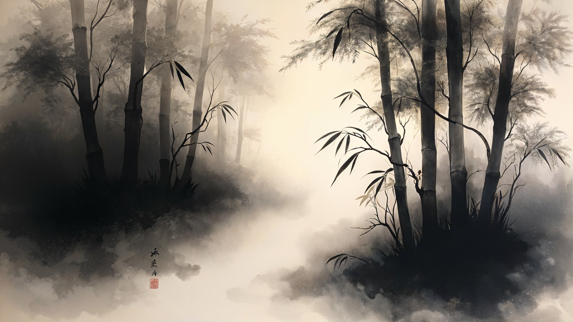 Bamboo Forest in Mist: A Serene Landscape Scene