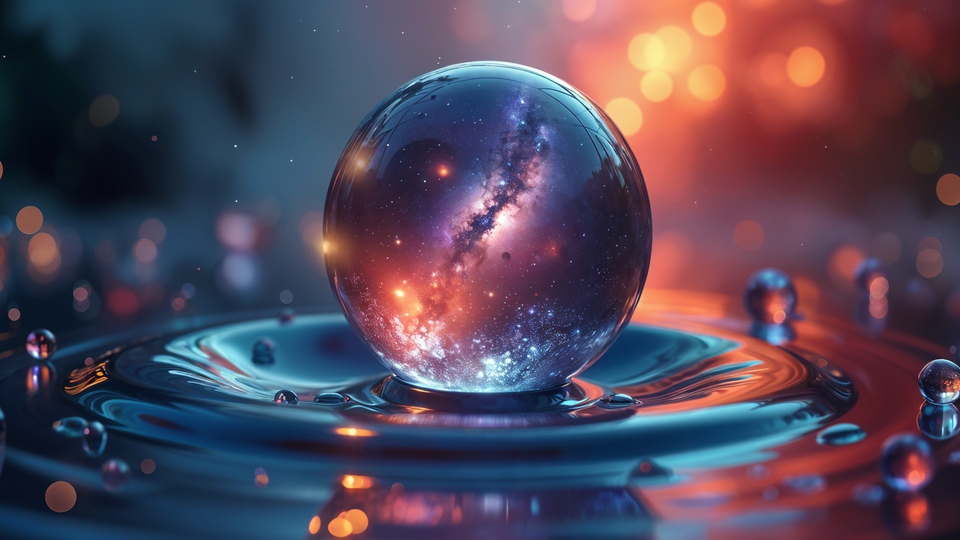 Reflective Orb Above Shimmering Surface with Galaxy