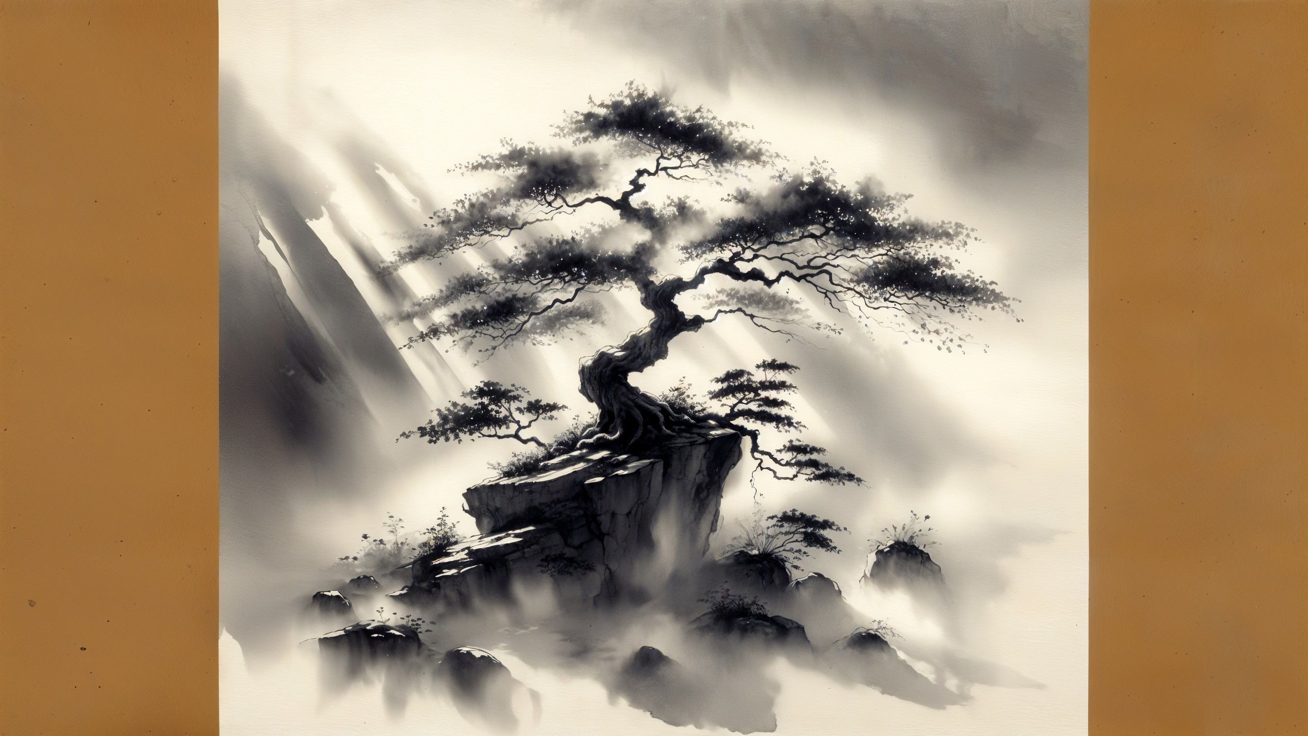 Monochromatic Landscape with Majestic Tree and Fog