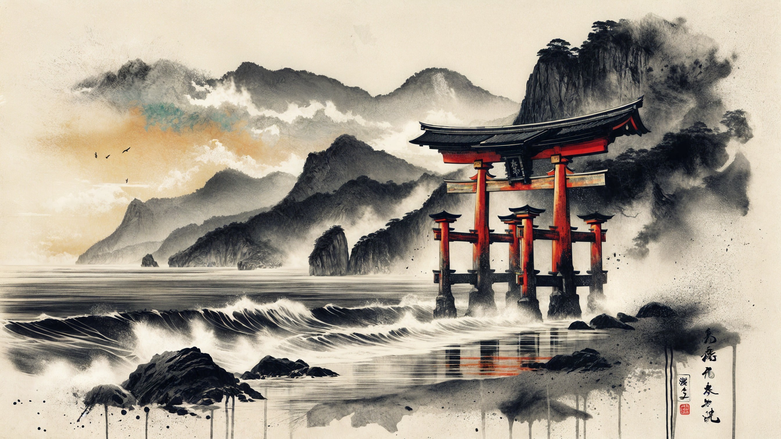 Coastal Scene with Torii Gate and Misty Mountains